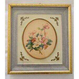 Vintage Framed Art Floral Dogwoods Oval Victorian Trim Mat Shadowbox Pink Gold